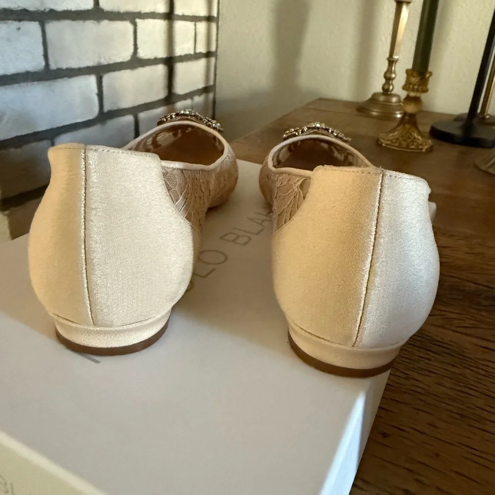 Manolo Blahnik Lace Hangisi Flats in Nude - Picture 5 of 9